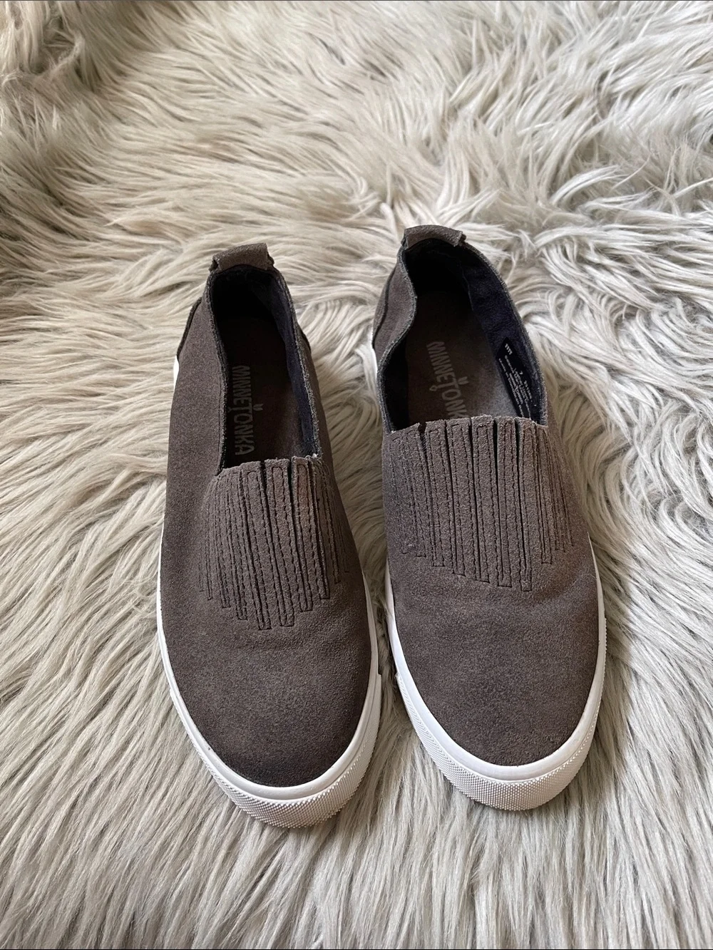 Minnetonka Taupe Suede Fringe Slip-On Loafers